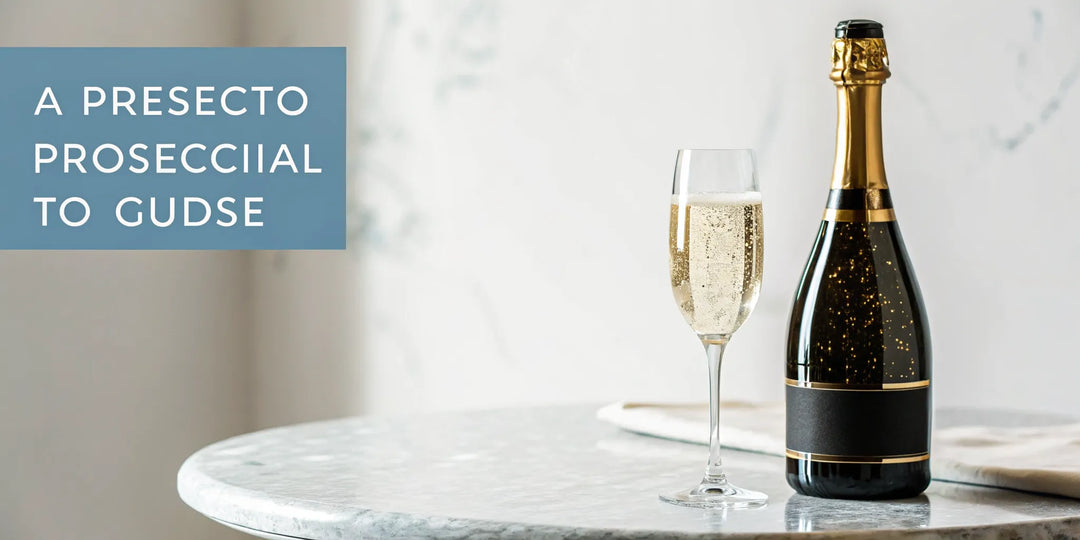 A bottle and glass of bubbly Prosecco, an Italian sparkling wine.