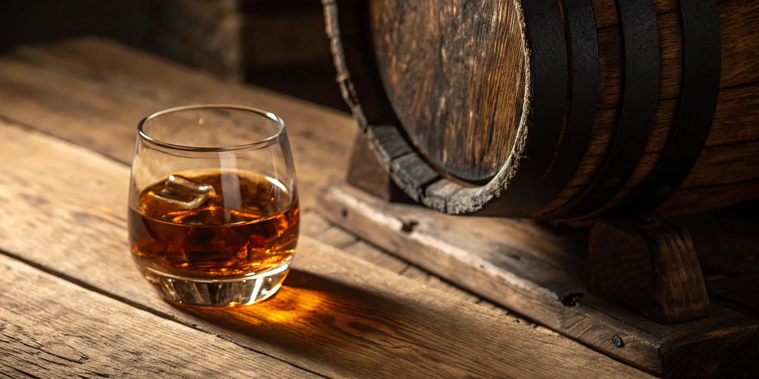 A glass of dark rum with ice sits next to an oak barrel used for aging the spirit.