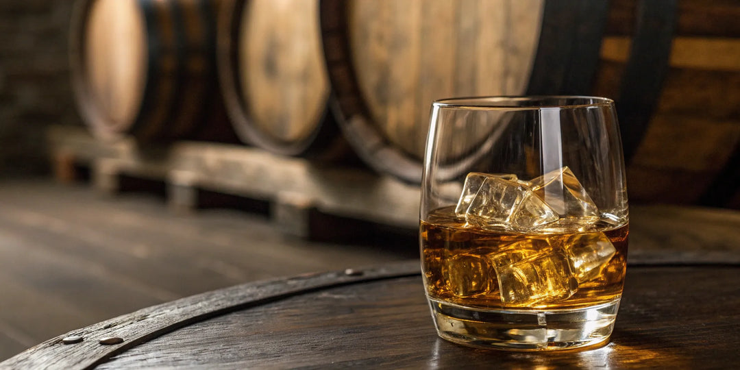 A glass of Scotch whisky on an oak aging barrel in a Scottish distillery.