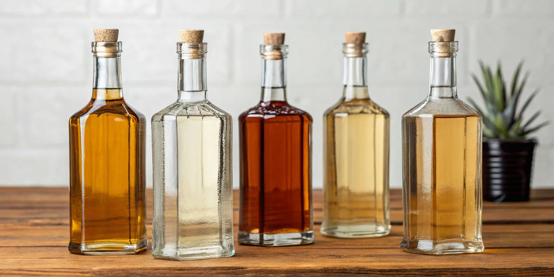 Five bottles of tequila showing the color variations of the 5 main types.