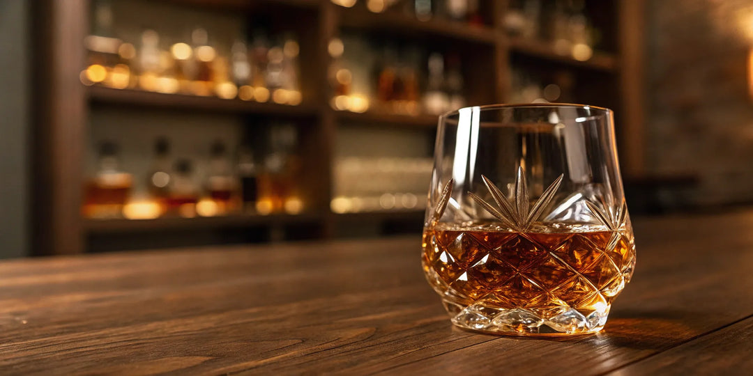 A glass of rare whiskey on a bar, a key purchase for collectors who buy rare whiskey online.