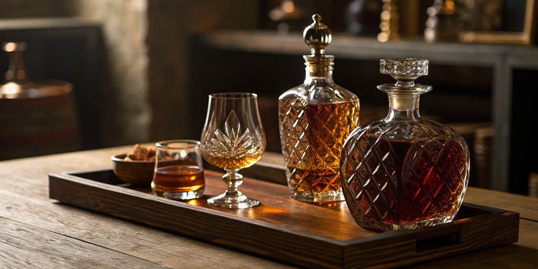 A collection of rare whiskey in decanters for a guide on where to buy whiskey online.