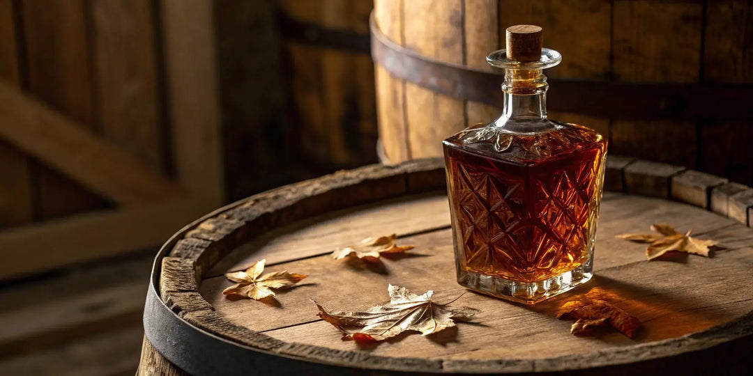 Copper & Cask limited edition bourbon bottle on an oak cask.