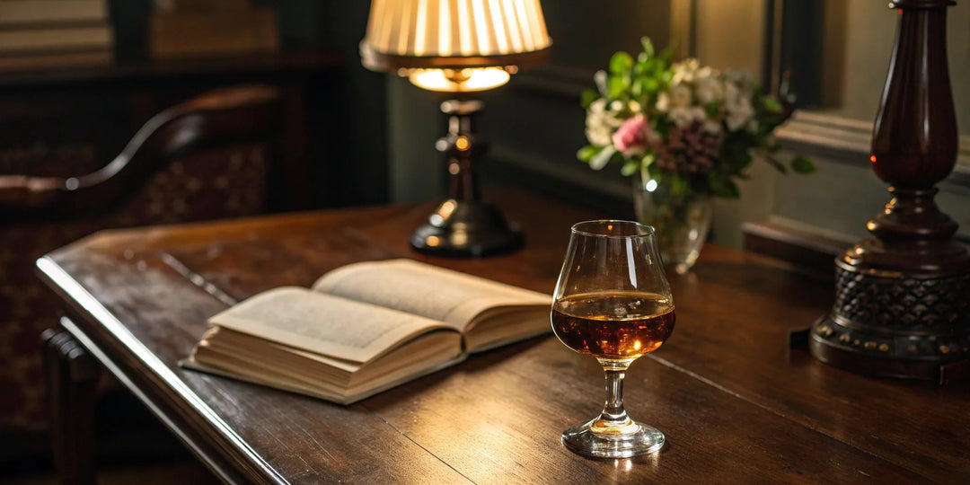 A glass of Redbreast whiskey ready for tasting, set beside a book on a wooden table.