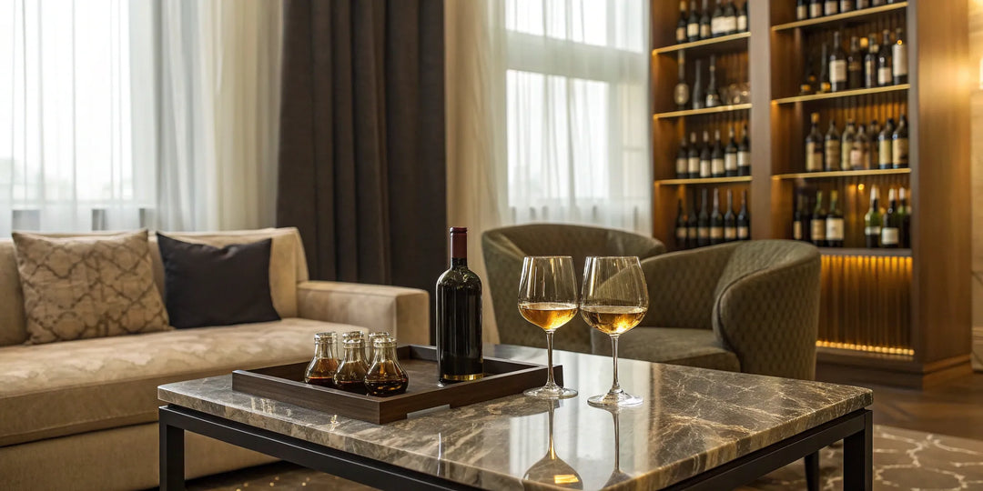 A home bar stocked with a variety of liquor after a successful online shopping delivery.