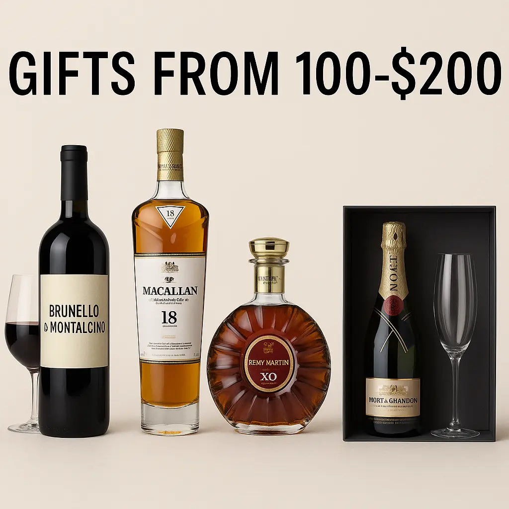 Four luxury bottles—Brunello di Montalcino wine, Macallan 18 whisky, Rémy Martin XO cognac, and Moët & Chandon champagne gift set with glasses—under text: GIFTS FROM 100-$200.