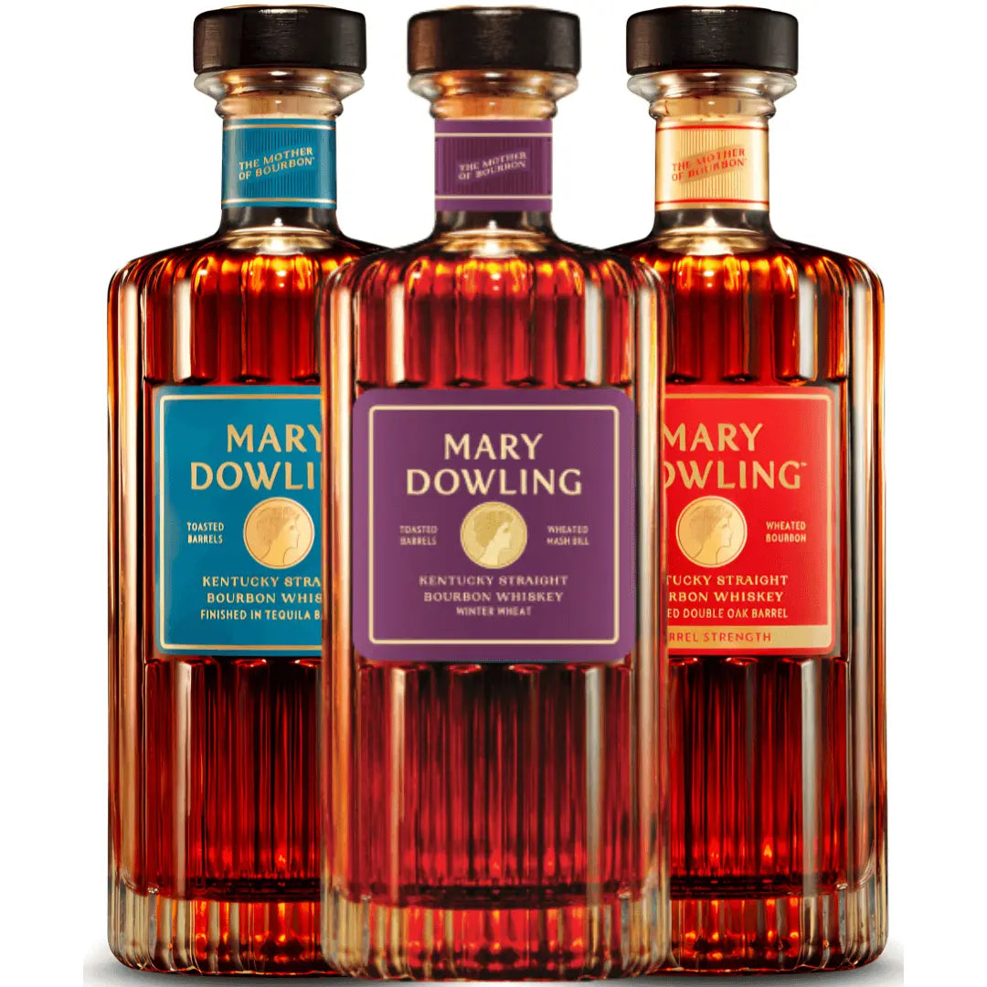 Three bottles of Mary Dowling Kentucky Straight Bourbon Whiskey, each with a different colored label: blue, purple, and red, displayed side by side against a white background.