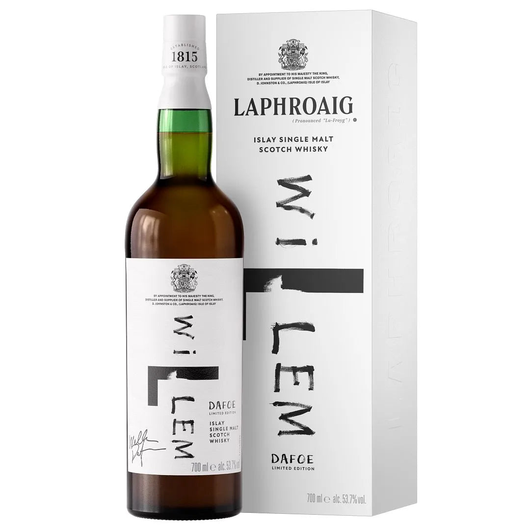 The Laphroaig Willem Dafoe Limited Edition Islay Single Malt Scotch Whisky sits beside its white box, both featuring the actor&