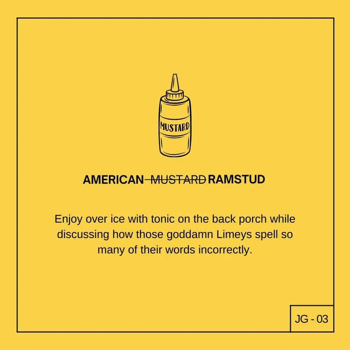 A yellow graphic shows a mustard bottle labeled MUSTARD, crossed out for RAMSTUD—James Gin American Ramstud 700mL W/ Souvenir Gift Key Chain. Below, text humorously describes an American mustard gin recipe and pokes fun at UK spelling.