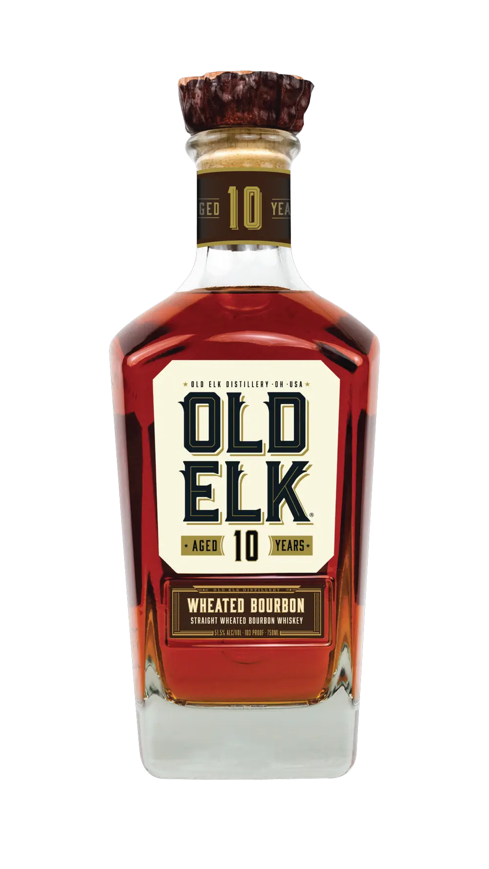 A bottle of Old Elk 10 Year Straight Wheated Bourbon Whiskey 750mL from Old Elk Bourbon, showcasing a distinctive square design and rich amber spirit, with a sophisticated label in gold, cream, and black—ideal for anyone seeking a premium aged bourbon experience.
