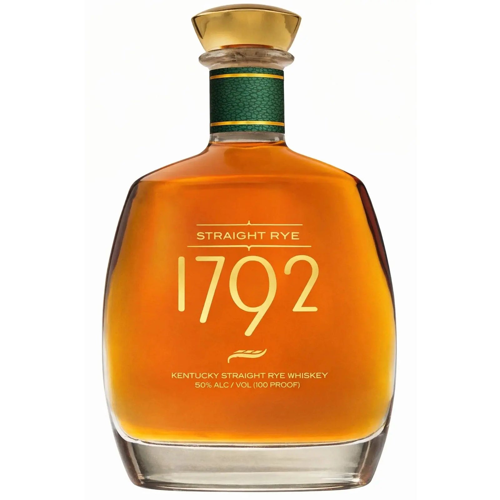 A bottle of 1792 Straight Rye Kentucky Straight Rye Whiskey 100 Proof from 1792 Bourbon, featuring a green label on the neck and a gold cap, contains amber whiskey at 50% alcohol by volume.