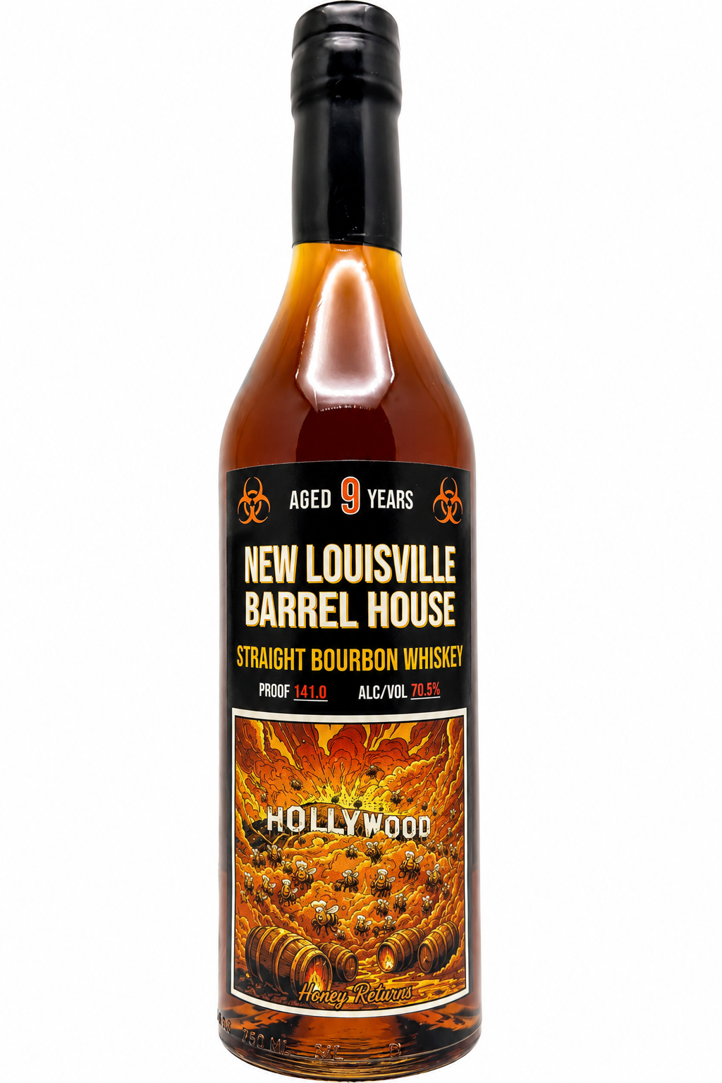 A bottle of Nulu New Louisville 9 Year Bourbon "Hollywood Honey Returns" Straight Bourbon Whiskey, a barrel-strength 70.5% ABV spirit, aged to perfection with a dark label and fiery barrel scene.
