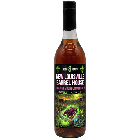 A bottle of Nulu New Louisville 8 Year “Summer Jam” 142.6 Proof Straight Bourbon Whiskey (Pre-Order), a bold Kentucky bourbon aged to perfection, features a colorful, fantasy-style label depicting a barrel amidst lush green scenery. This high-proof bourbon boasts an impressive 142.6 proof and 71.3% alcohol by volume.