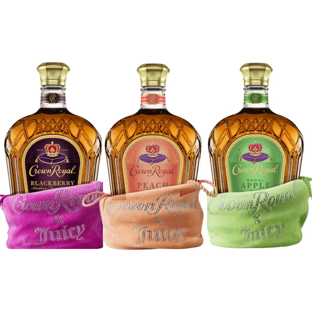 Enjoy the Crown Royal x Juicy Couture Limited Edition Flavored Whisky 3-Bottle Bundle featuring blackberry, peach, and apple flavors—each in a vibrant bag with sparkling "Crown Royal x Juicy" accents.