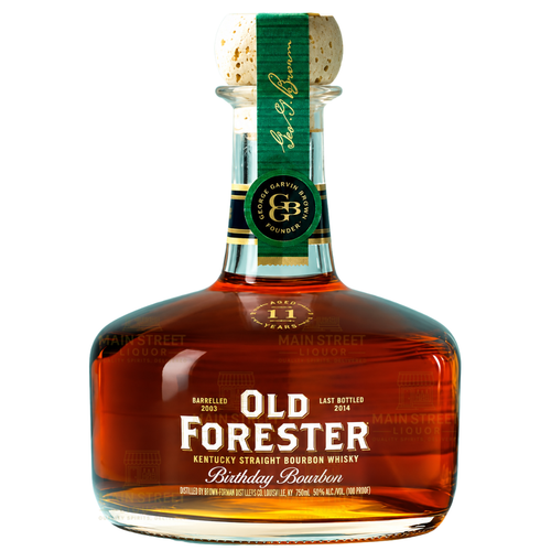A bottle of Old Forester Birthday Bourbon 2026 Limited Edition Aged 11 Years 700mL (Pre-Order), a special release from Old Forester, featuring a green label, cork stopper, and gold text on the glass that displays the rich amber Kentucky Straight Bourbon Whiskey inside.