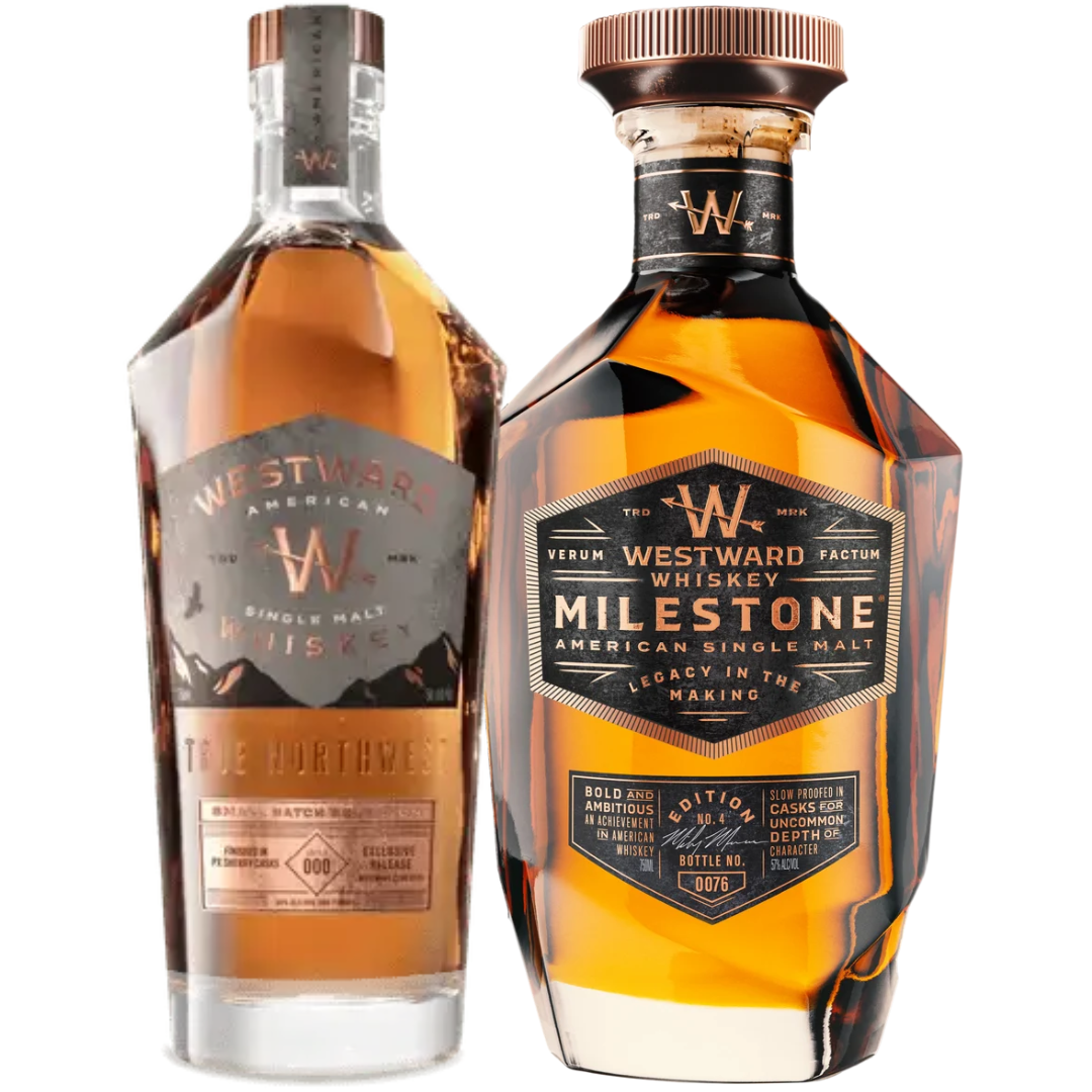 The Westward Milestone Edition No. 4 &amp; PX Sherry Cask American Single Malt Whiskey 2026 Bundle (Pre-Order) from Westward includes two bottles—each boasting geometric bottle designs, copper accents, and intricately detailed dark labels.