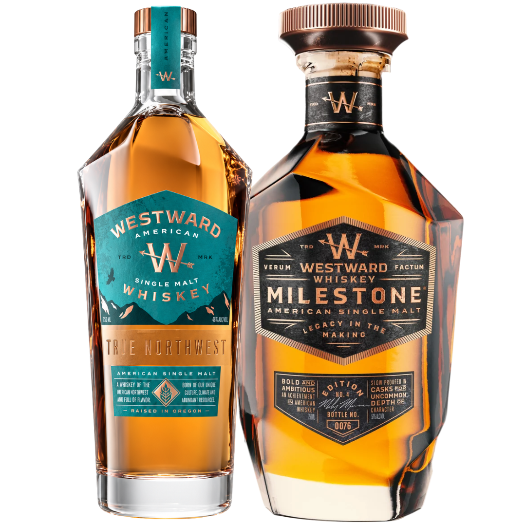 The Westward Milestone Edition No. 4 & American Single Malt Whiskey Bundle (Pre-Order) by Westward includes two uniquely shaped bottles, each showcasing intricate geometric labels—one marked as True Northwest and the other as Milestone Edition No. 4—with the amber whiskey visible inside.