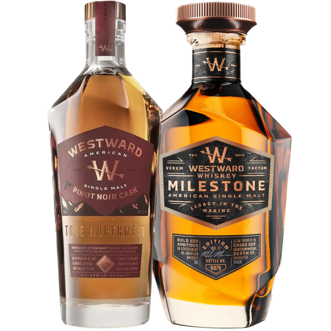 A pre-order bundle of Westward American Single Malt Whiskeys featuring two bottles: the Pinot Noir Cask American Single Malt presented in an angular bottle, and the Milestone Edition No. 4 in a hexagonal bottle—both distinguished by gold accents, dark labels, and crafted by Westward.