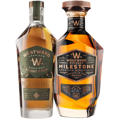Showcasing the distinctive craftsmanship of Westward, the Westward Milestone Edition No. 4 & Stout Cask American Single Malt Whiskey Bundle (Pre-Order) features two uniquely designed bottles: one with a slim neck labeled Stout Cask, and another faceted bottle with a wide cap for the Milestone Edition No. 4. Both come adorned in green and gold labels, representing the renowned quality of Westward Whiskey.