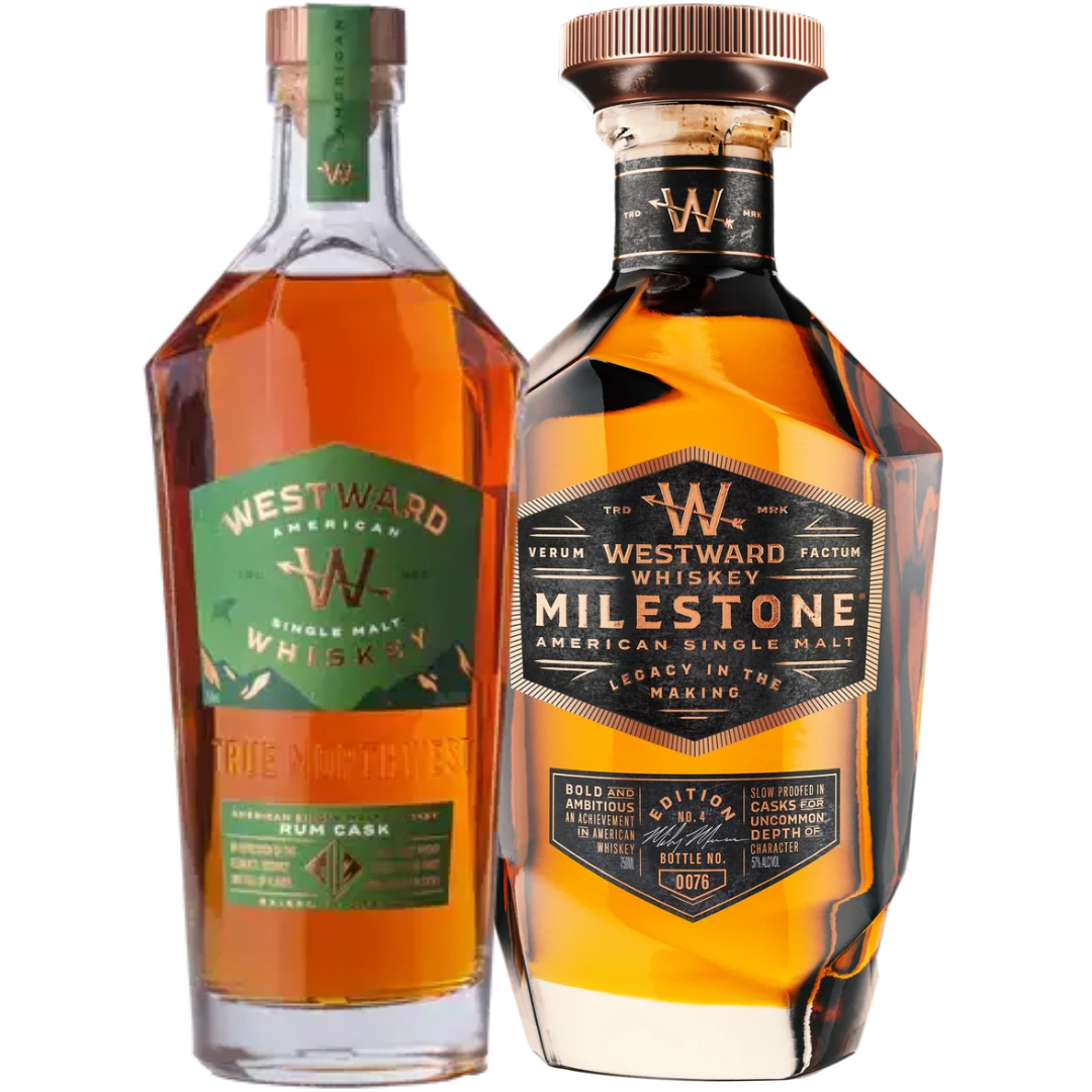 Two bottles from Westward stand side by side: the Rum Cask American Single Malt Whiskey with a green label, and the Milestone Edition No. 4, showcasing a gold and black label with a distinctively faceted design—available together as the Westward Milestone Edition No. 4 & Rum Cask American Single Malt Whiskey Bundle (Pre-Order).