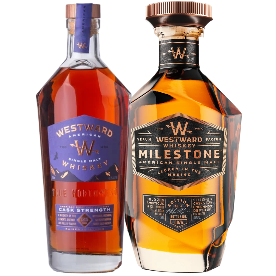 Introducing the Westward Milestone Edition No. 4 & Cask Strength American Single Malt Whiskey Bundle (Pre-Order) from Westward. This exclusive set features two limited-edition bottles—Milestone Edition No. 4 and Cask Strength—each crafted as exceptional American Single Malt Whiskeys. Both are presented in geometric-shaped glass bottles adorned with decorative labels, showcasing a rich amber liquid inside.