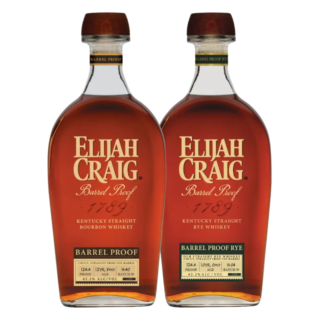 Two bottles from the Elijah Craig Batch H Barrel Proof Bourbon &amp; Rye Bundle by Elijah Craig—a Kentucky Straight Bourbon Whiskey and a Barrel Proof Rye Whiskey—stand side by side on a white background.
