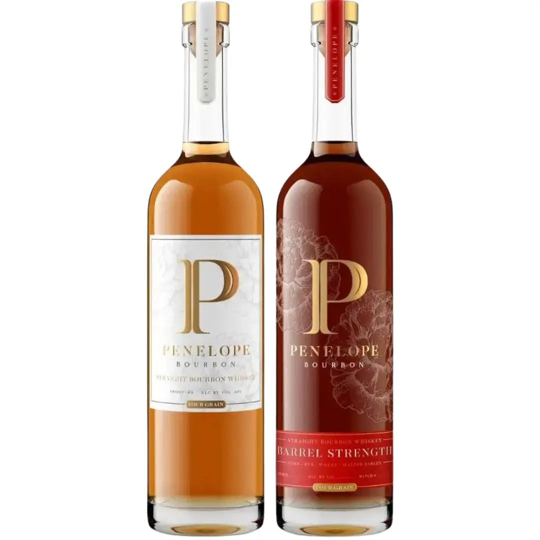 Introducing the DOUBLE BARREL PENELOPE BUNDLE from Main Street Liquor: this set includes two clear-glass bottles—Penelope Bourbon Four Grain, featuring a white label with a gold P, and Penelope Barrel Strength Batch 09, distinguished by its red label with a gold P and "Barrel Strength" text. Both are exceptional Four Grain Bourbon selections, each finished with a cork stopper.