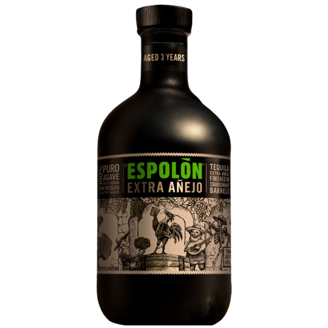 Espolon Tequila’s Espolòn Extra Añejo Tequila comes in a dark bottle with a green and black label featuring skeletons and a rooster, crafted from 100% agave and aged for 3 years.