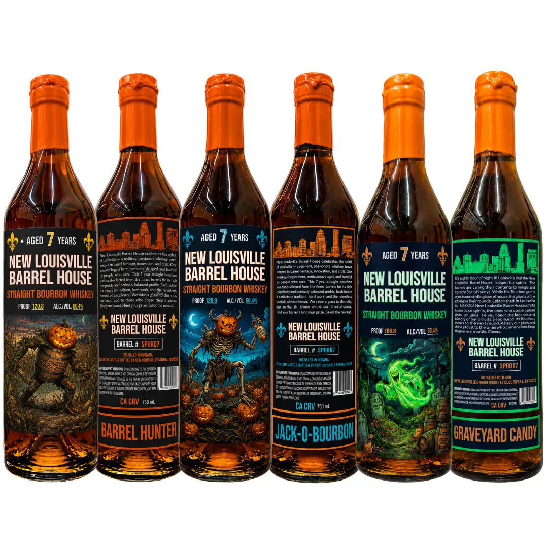 The Nulu New Louisville Halloween Edition 7 Year Bourbon Bundle 3 Pack features three collectible bottles adorned with vibrant Halloween-themed labels showcasing monsters, pumpkins, and graveyards. Arranged in a row on a white background, this limited-edition bundle is perfect for enthusiasts seeking both festive flair and distinctive bourbon spirits.