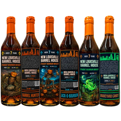 The Nulu New Louisville Halloween Edition 7 Year Bourbon Bundle 3 Pack features three collectible bottles adorned with vibrant Halloween-themed labels showcasing monsters, pumpkins, and graveyards. Arranged in a row on a white background, this limited-edition bundle is perfect for enthusiasts seeking both festive flair and distinctive bourbon spirits.