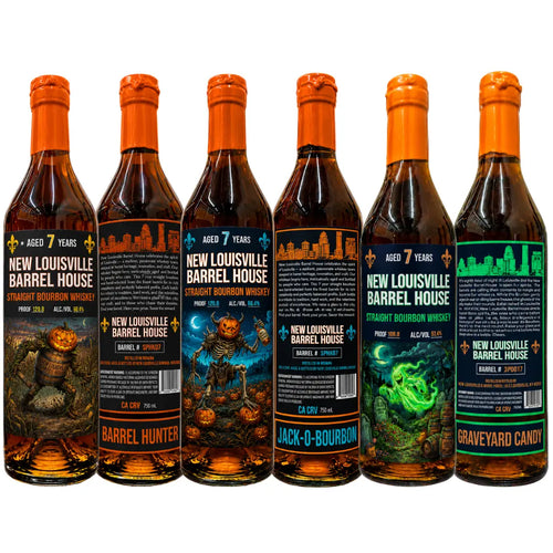 Three bottles of Nulu New Louisville Halloween Edition 7 Year Bourbon Bundle, each showcasing unique Halloween-themed labels with pumpkins, skeletons, and eerie scenes, displayed against a white background—a collectible 3 pack perfect for bourbon enthusiasts and spooky season celebrations.