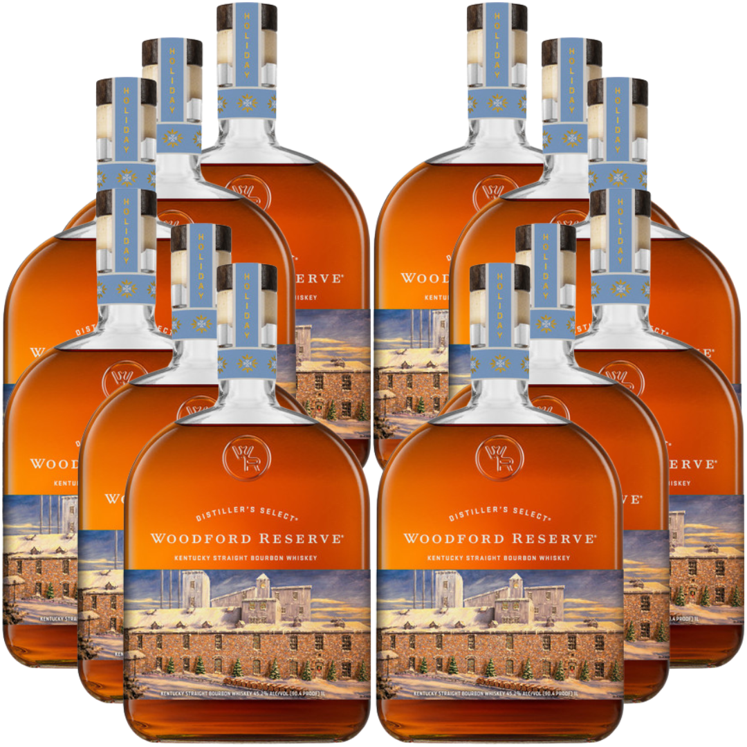 Eight bottles of Woodford Reserve Bourbon Holiday Edition 2026 750ml are arranged in two rows, each with blue caps and labels featuring a distillery illustration.