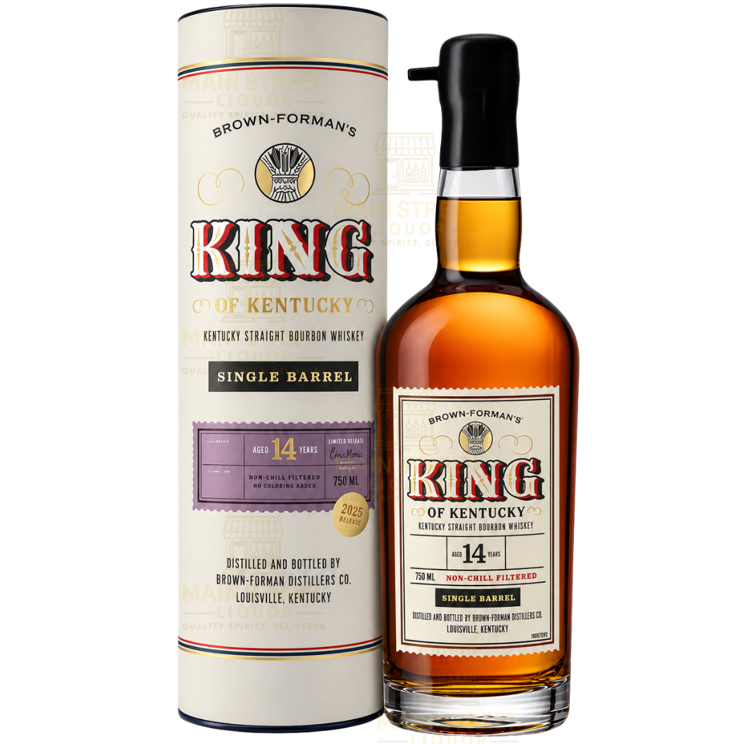 A bottle of King of Kentucky 14 Year Single Barrel High Proof Bourbon and its matching cylindrical cardboard gift tube, both featuring vintage-style lettering and labels specifying a 14-year age statement.