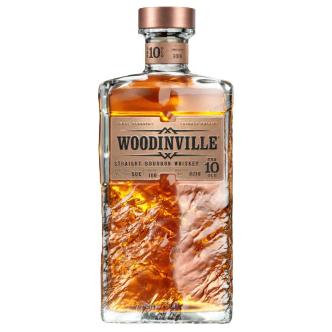 A rectangular bottle of Woodinville Straight Bourbon Whiskey Aged 10 Years 100 Proof with a copper cap, featuring a textured, rippled glass base.