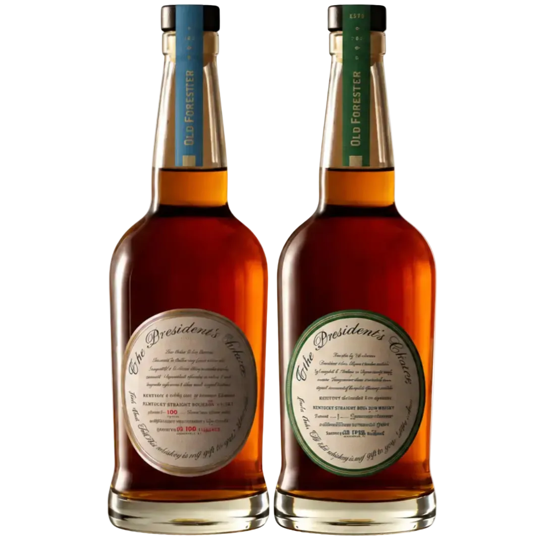 An Old Forester President’s Choice Bourye Bundle 2026 – Kentucky Straight Bourbon &amp; Rye Whiskey 700mL, showing a bourbon bottle with a blue neck label and tan front label beside a rye whiskey bottle with a green neck and green-bordered label.