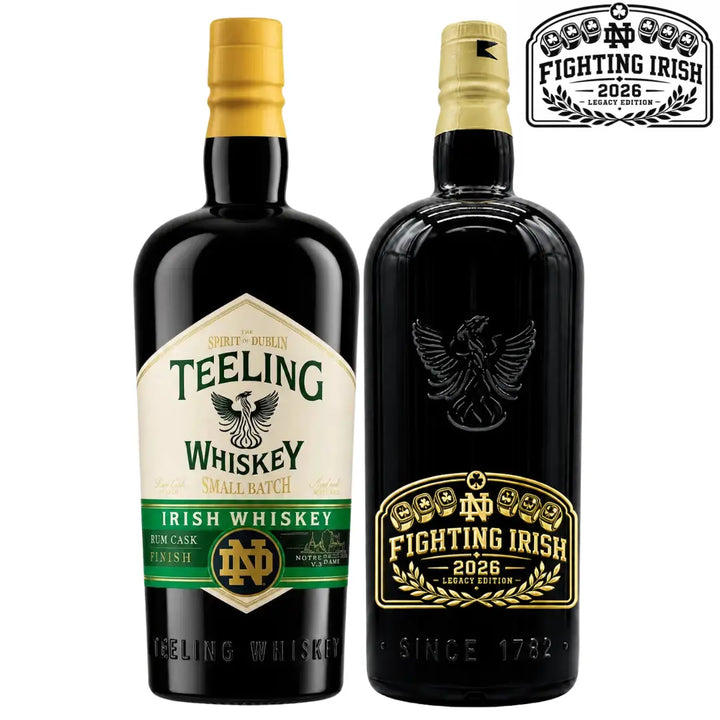 Two commemorative bottles of Teeling Whiskey: one features the Teeling Small Batch x Notre Dame 2026 Championship Legacy Edition design with green and gold accents, while the other displays a sleek black label with gold Fighting Irish 2026 branding. A coordinating Fighting Irish 2026 emblem appears in the top right corner, highlighting this special championship legacy edition of custom deep-etched Irish whiskey from Teeling.