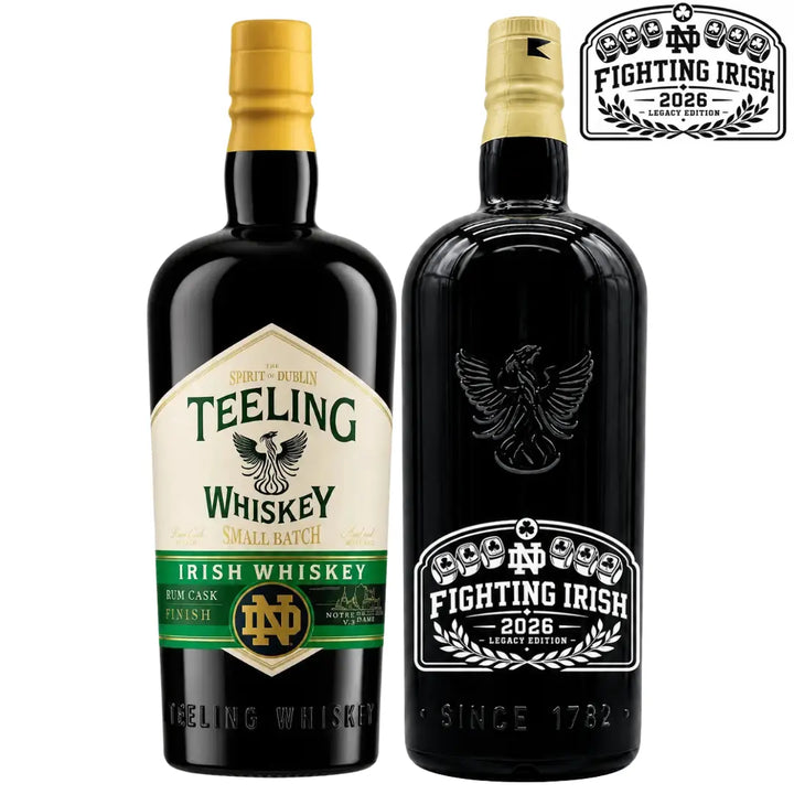 Two black whiskey bottles from the Teeling x Notre Dame 2026 Custom Deep Etched Irish Whiskey Heritage Bundle: one labeled Teeling Whiskey Small Batch Irish Whiskey and the other Fighting Irish 2026 Legacy Edition. Each bottle, by Teeling Whiskey, features gold and green accents, a prominent Notre Dame logo, and showcases Heritage Custom Deep Etched detailing that highlights the distinctive character of this unique whiskey collection.