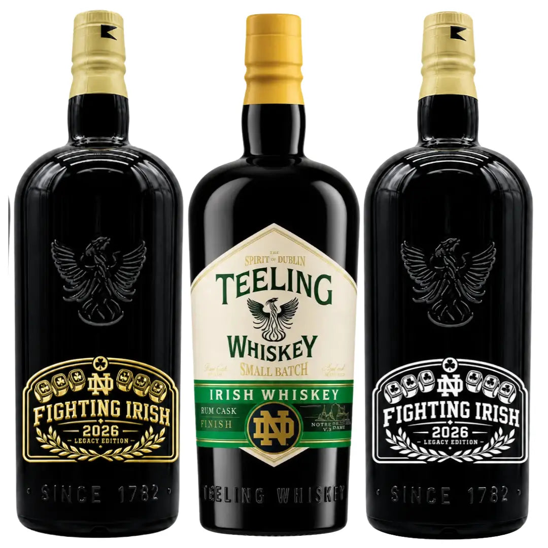 Here is your rewritten sentence using the provided product data: The Teeling x Notre Dame 2026 Custom Deep Etched Irish Whiskey Heritage Bundle by Teeling Whiskey features three bottles: two deep etched black bottles with gold caps flanking a center Teeling Irish Whiskey bottle with a white label and gold cap, each adorned with classic Notre Dame Heritage branding.