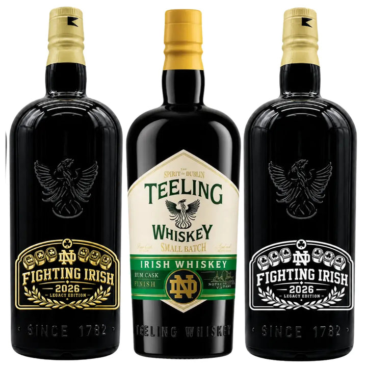 Here is your rewritten sentence using the provided product data: The Teeling x Notre Dame 2026 Custom Deep Etched Irish Whiskey Heritage Bundle by Teeling Whiskey features three bottles: two deep etched black bottles with gold caps flanking a center Teeling Irish Whiskey bottle with a white label and gold cap, each adorned with classic Notre Dame Heritage branding.