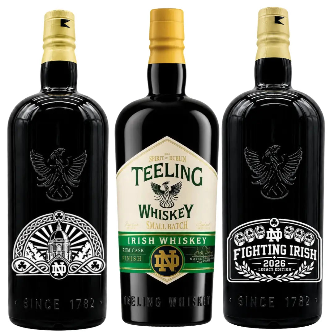 Showcased in the Teeling x Notre Dame 2026 Custom Deep Etched Irish Whiskey Heritage Bundle by Teeling Whiskey, three dark bottles are presented: the center features a beige and green label, the left displays a Notre Dame crest, and the right showcases a Fighting Irish 2026 logo. Gold caps and eagle emblems complete this collector’s set—a true tribute to Notre Dame Irish whiskey tradition.
