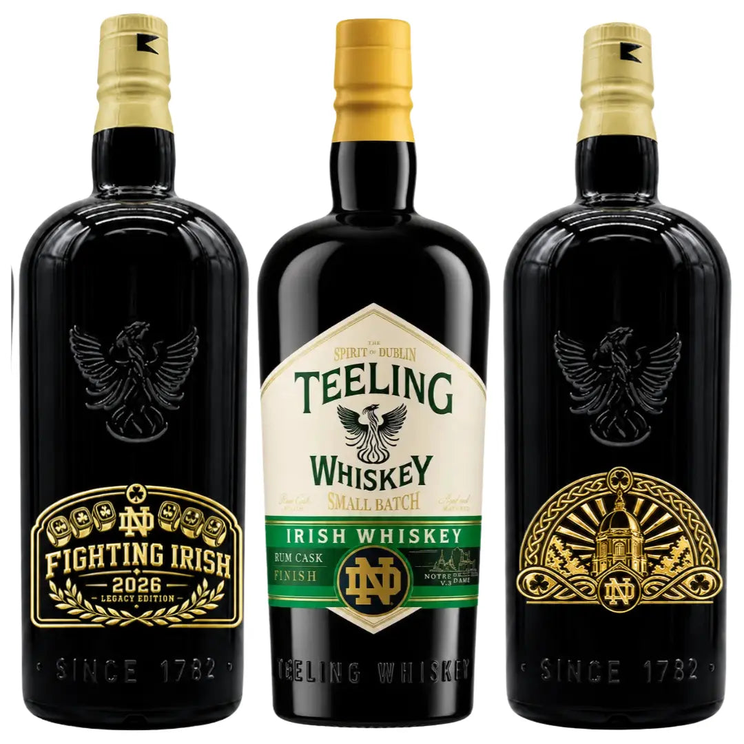The Teeling x Notre Dame 2026 Custom Deep Etched Irish Whiskey Heritage Bundle by Teeling Whiskey features three black bottles adorned with gold and green Notre Dame-themed labels. Showcasing the Fighting Irish, a cathedral design, and the Teeling logo, this collector’s set highlights Notre Dame Irish whiskey heritage—with each bottle displaying “SINCE 1782” at the bottom.