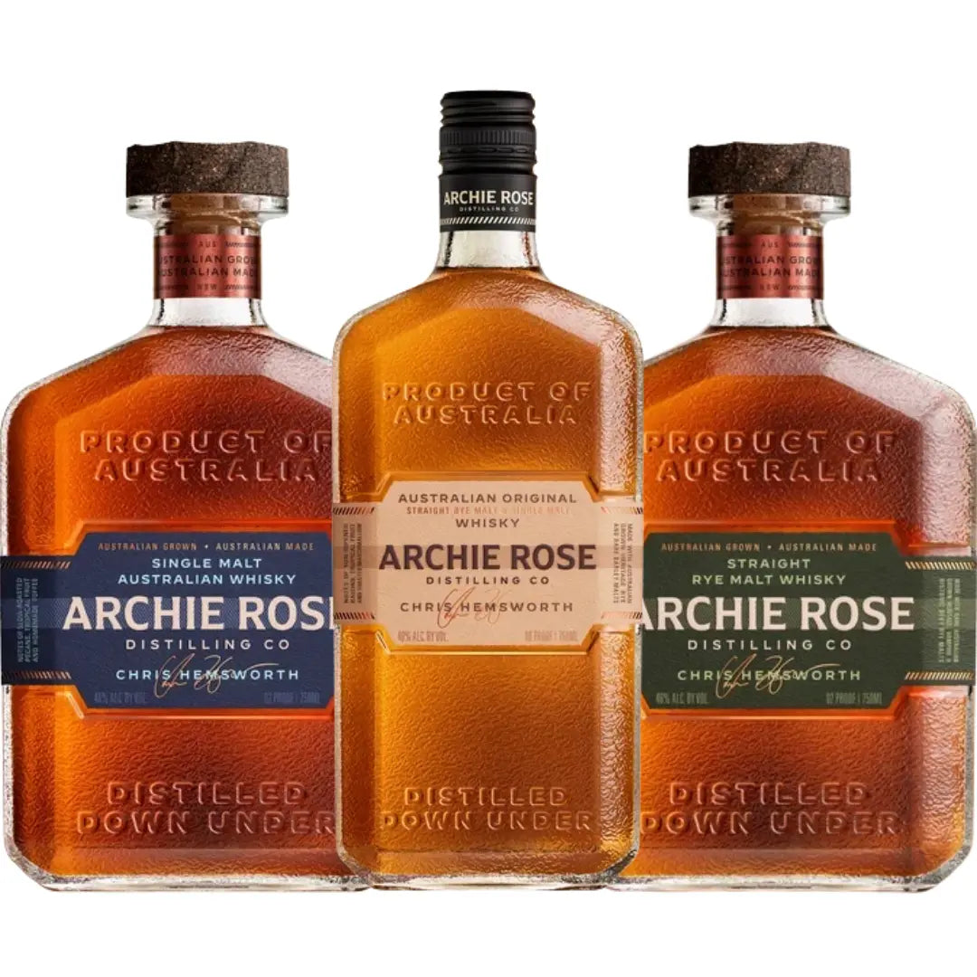 Archie Rose Family Whisky Bundle – Original, Single Malt &amp; Straight Rye, shown as three bottles with different colored labels: blue for single malt, tan for original, and green for straight rye.