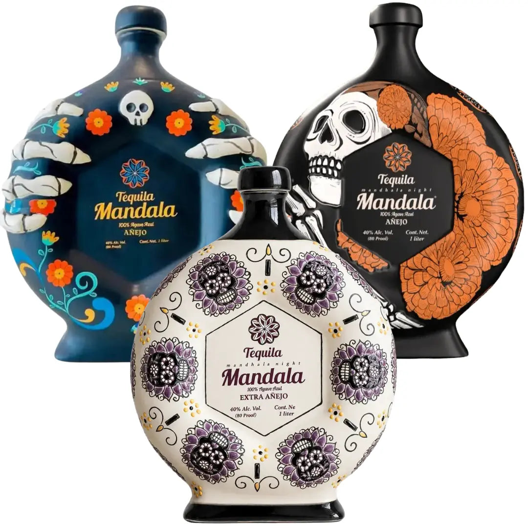 Three round, collectible Mandala Día de los Muertos 2022, 2025 &amp; 2026 Limited Edition Tequila Bundle 3 bottles featuring skeleton and floral illustrations.
