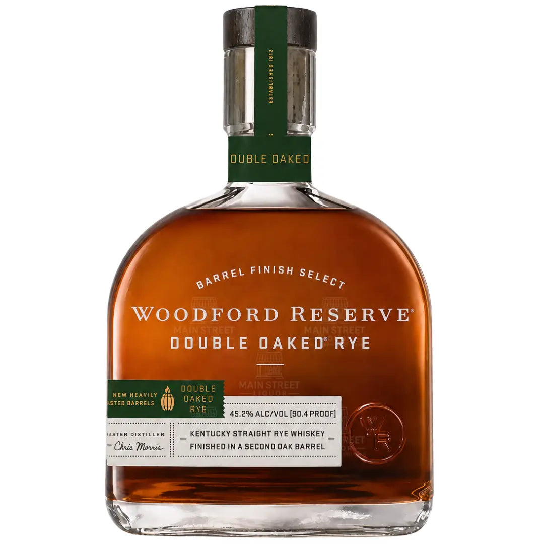 A bottle of Woodford Reserve Double Oaked Rye Barrel Finish Select (Pre-Order) Kentucky straight rye whiskey from Woodford Reserve, featuring a green cap and showcasing its label details and golden-brown liquid, celebrated for its rich double barrel finish.