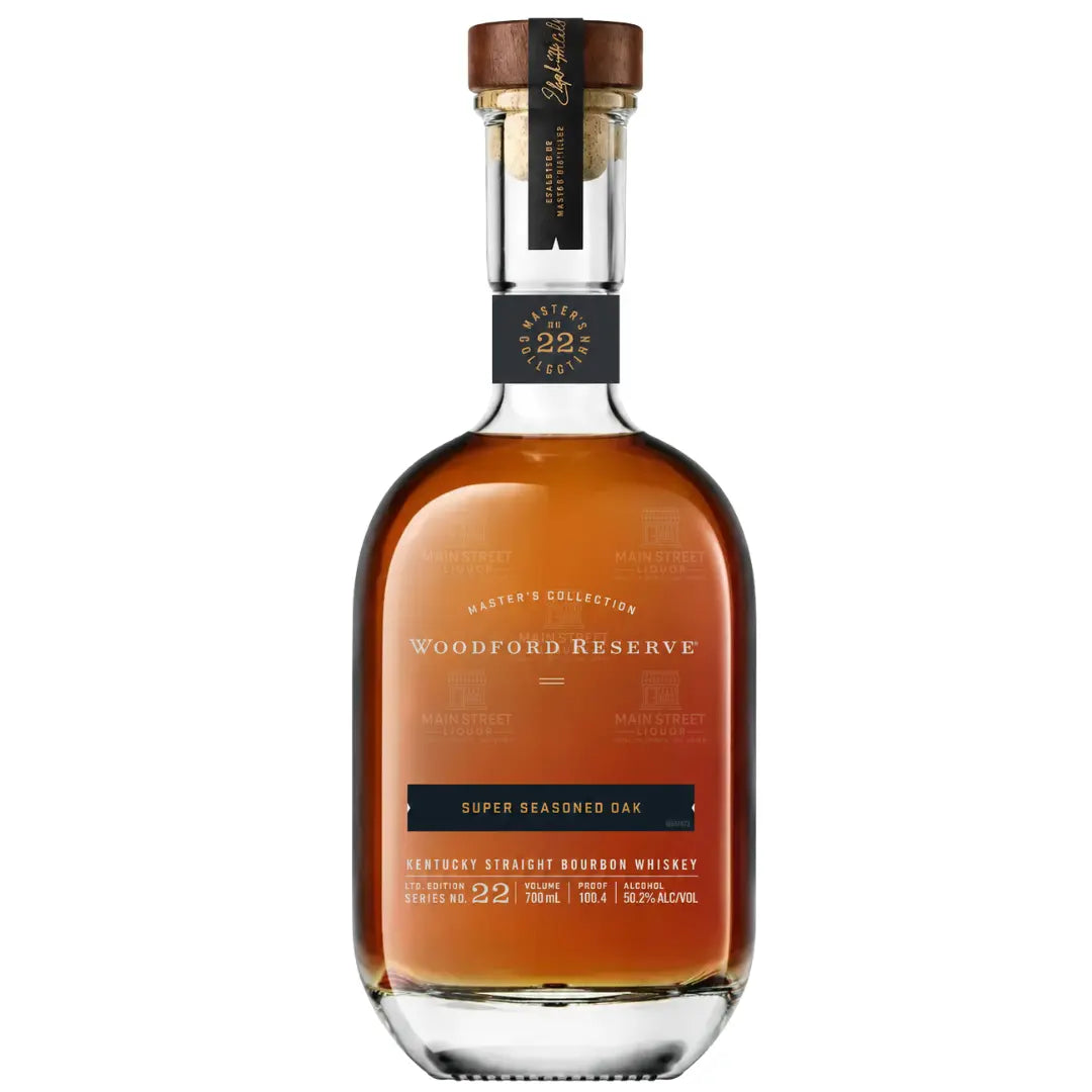 A 700mL bottle of Woodford Reserve Master’s Collection Super Seasoned Oak No. 22, showcasing a cork top and a clear label that reveals the rich amber bourbon within.