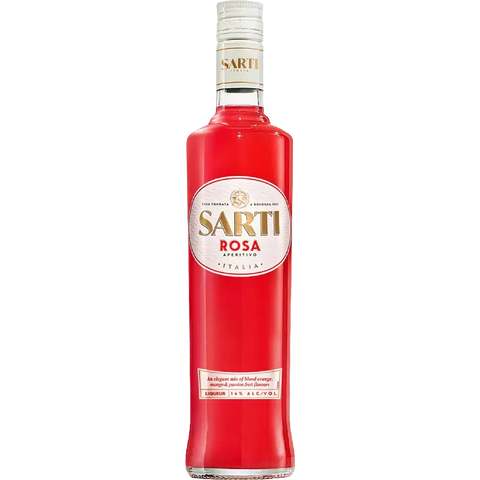 A 700mL bottle of Sarti Rosa Aperitivo Liqueur by Sarti, an Italian aperitivo liqueur with a vibrant red color, gold and white label featuring Italian text, and a white cap.