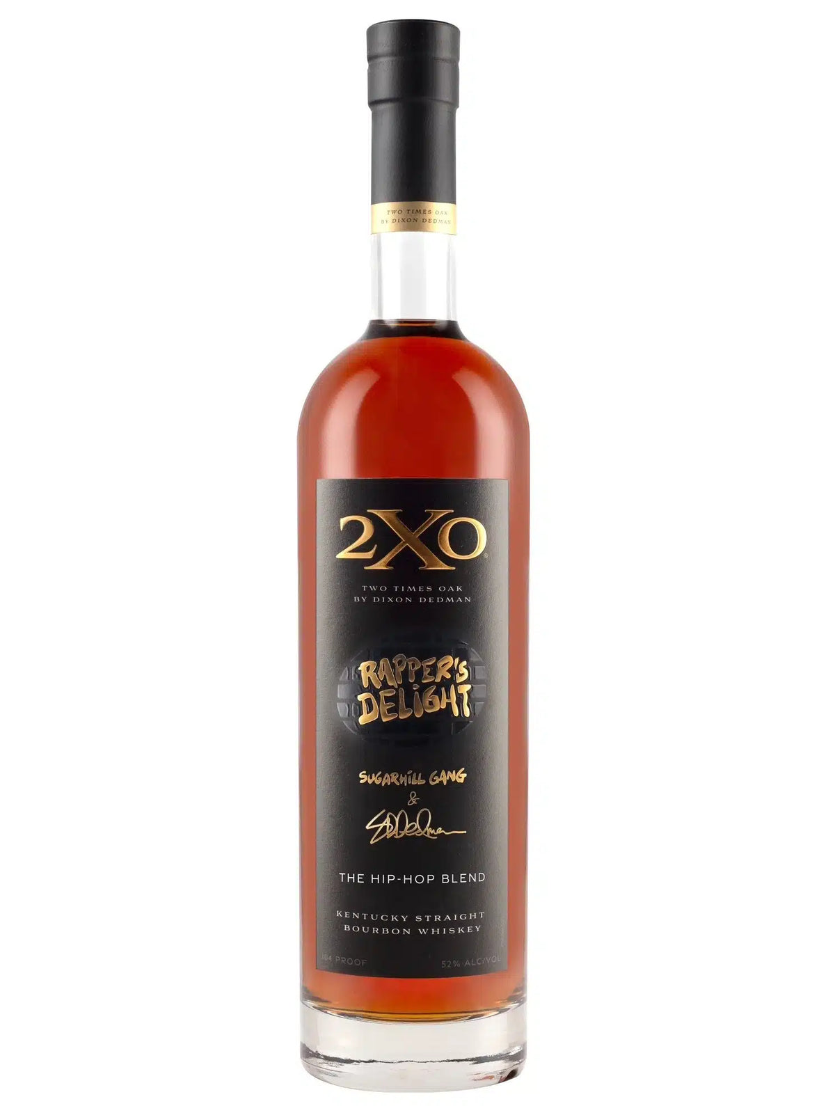 A 750ml bottle of 2XO The Hip-Hop Blend Kentucky Straight Bourbon Whiskey by 2XO Whiskey, featuring a black label with gold and white lettering and a black cap. This limited release celebrates the unique double-barreling process of 2XO, with the label highlighting Sugarhill Gang and The Hip-Hop Blend.