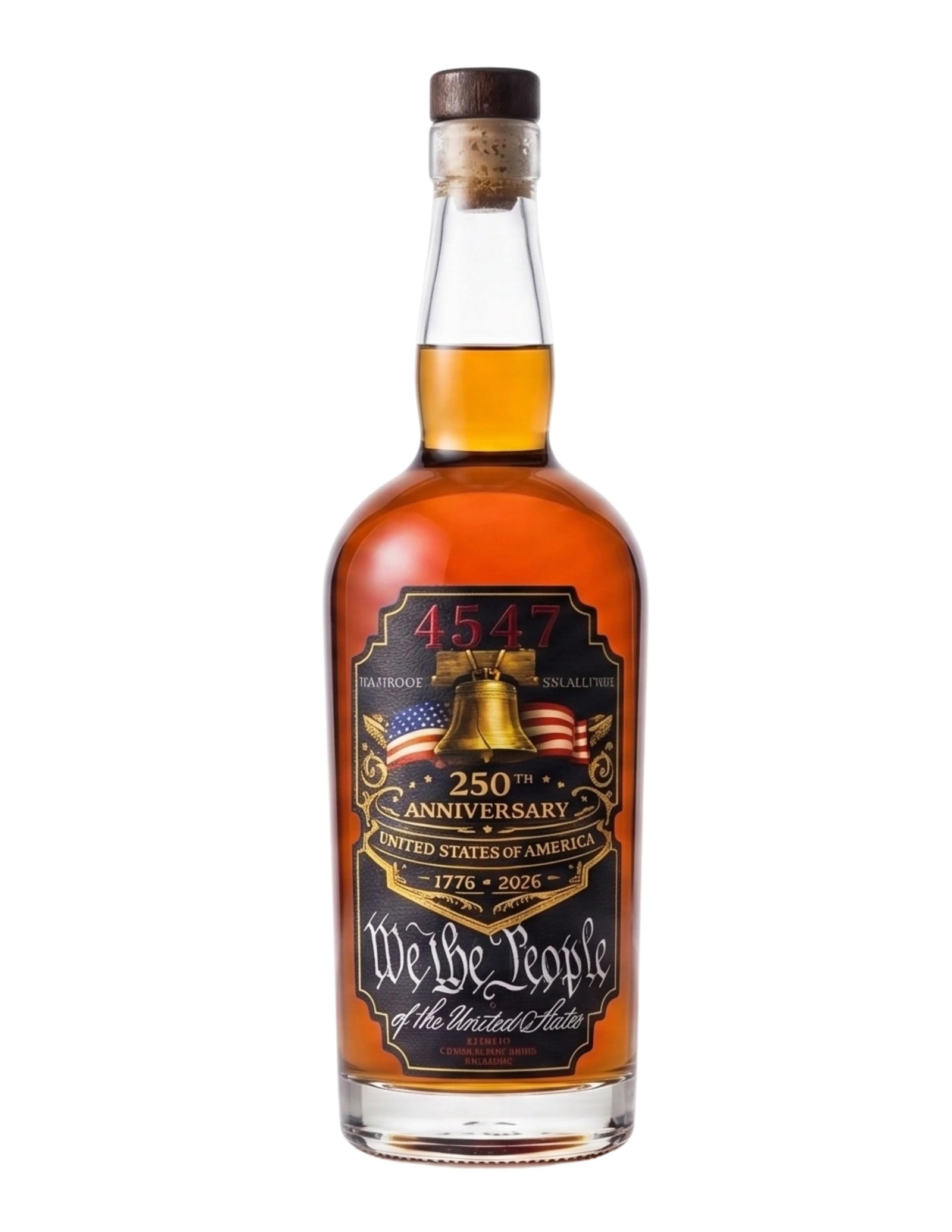 A bottle of 4547 250th Anniversary Straight Bourbon Whiskey by 4547 WHISKEY, featuring an American flag, Liberty Bell, and the text “We the People of the United States” on its label celebrating America’s 250th anniversary (1776–2026).