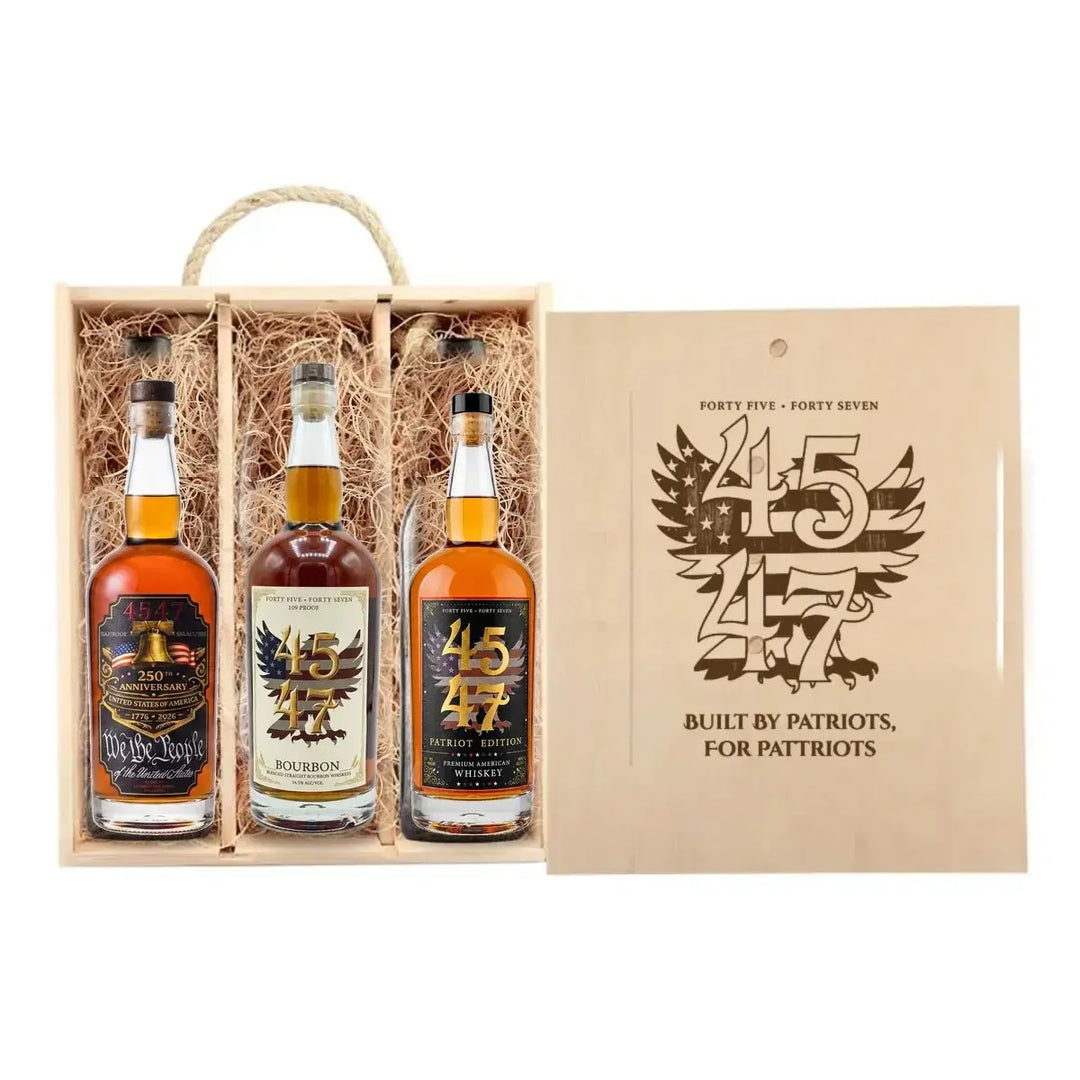 4547 Patriot Box The Founding Three with 250th Anniversary, Patriot Edition and 109 Proof bottles in wooden crate