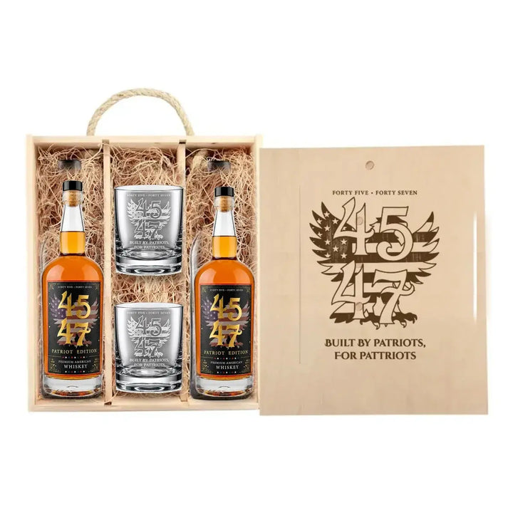 4547 Patriot Box with Patriot Edition and Patriot Edition bottles and two engraved rocks glasses in wooden gift box